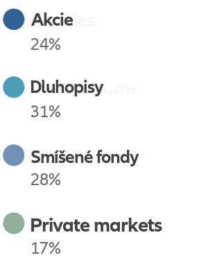 Legenda - akcie 24%, dluhopisy 31%. smíšené fondy 28%, private markets 17%